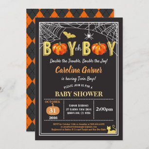 Halloween twins baby boy shower pumpkin Black gold Invitation