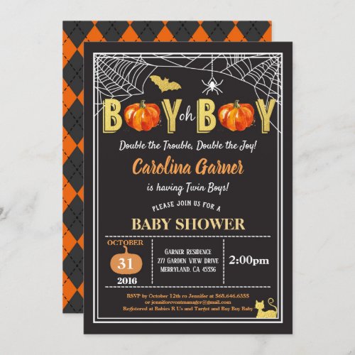 Halloween twins baby boy shower pumpkin Black gold Invitation
