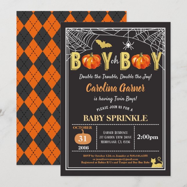 Halloween twins baby boy sprinkle pumpkin gold invitation (Front/Back)