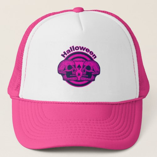 Halloween Two Skulls _ Neon Pink Trucker Hat