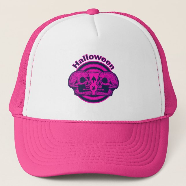 Halloween Two Skulls - Neon Pink Trucker Hat (Front)