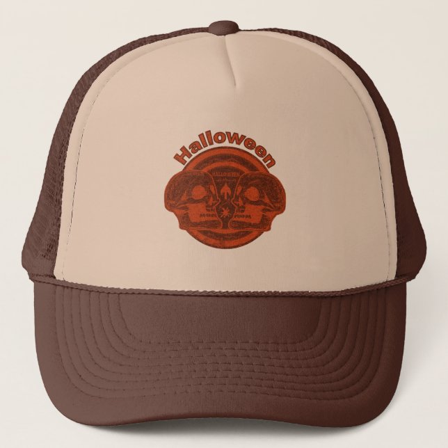 Halloween Two Skulls - Orange/Orange Trucker Hat (Front)