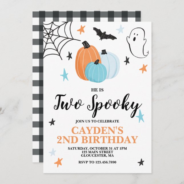 Halloween TWO Spooky 2ND Birthday Blue Pumpkins In Invitation (Front/Back)