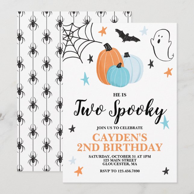 Halloween TWO Spooky 2ND Birthday Blue Pumpkins Invitation (Front/Back)