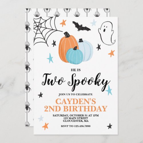 Halloween TWO Spooky 2ND Birthday Blue Pumpkins Invitation