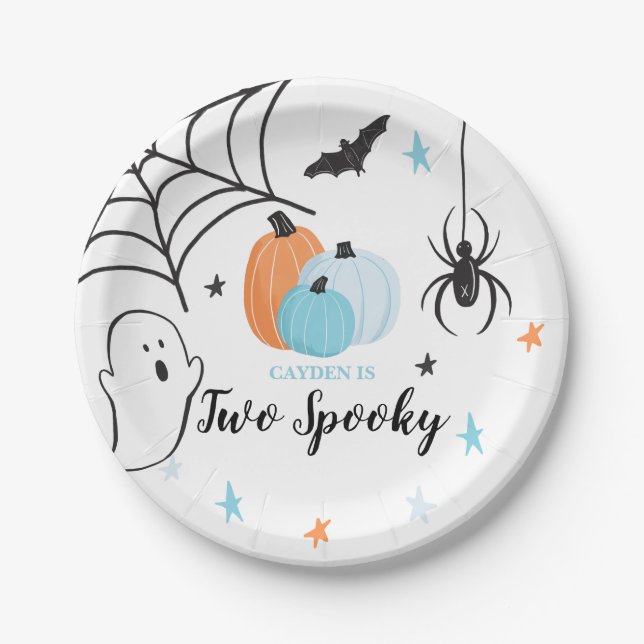 Halloween Two Spooky Birthday Blue Pumpkins Paper Plates (Front)