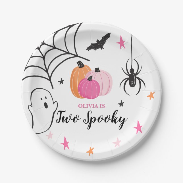 Halloween Two Spooky Birthday pink Pumpkins Paper Plates (Front)
