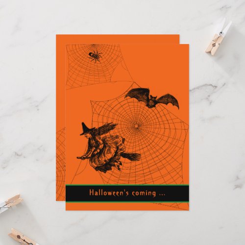 Halloween Typography Witch Bat Spider Orange Flat Card