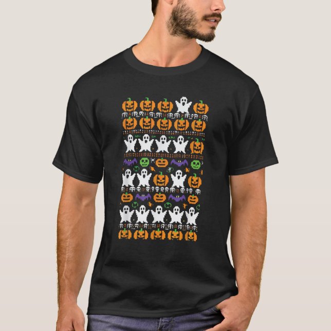 Halloween Ugly Sweater Pixel Ghost Pattern Spooky  (Front)