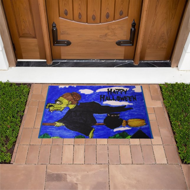 HALLOWEEN UGLY WITCH ON HER BROOM  DOORMAT (Outdoor)