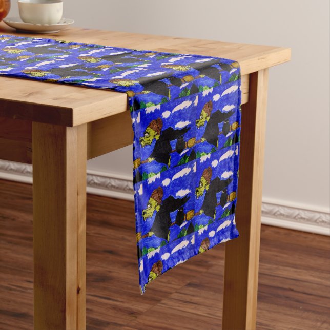 HALLOWEEN UGLY WITCH ON HER BROOM  SHORT TABLE RUNNER (In Situ)