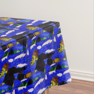 HALLOWEEN UGLY WITCH ON HER BROOM TABLECLOTH