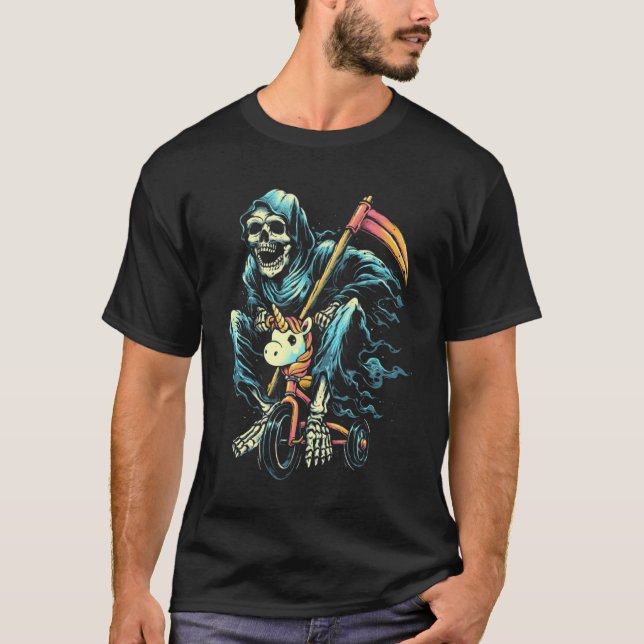 Halloween Unicorn Costume Grim Reaper Riding Unico T-Shirt (Front)