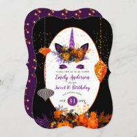 Halloween Unicorn Face Birthday Purple Orange Gold Invitation