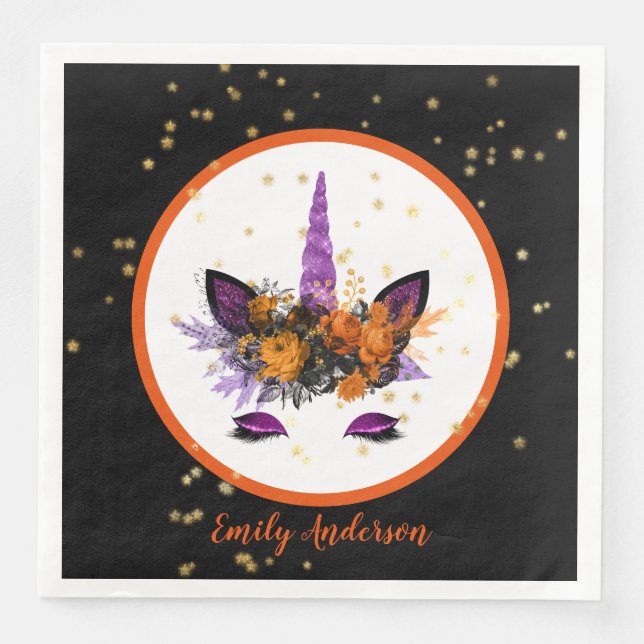 Halloween Unicorn Face Girls Birthday Party Purple Paper Dinner Napkins (Front)