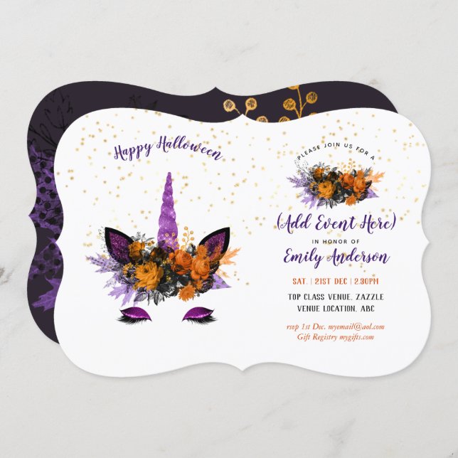 Halloween Unicorn Face Invitations ANY EVENT (Front/Back)