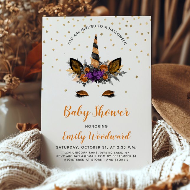 Halloween Unicorn Orange Black Baby Shower Invitation (Creator Uploaded)