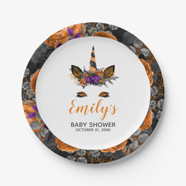 Halloween Unicorn Orange Black Baby Shower Paper Plates (Front)