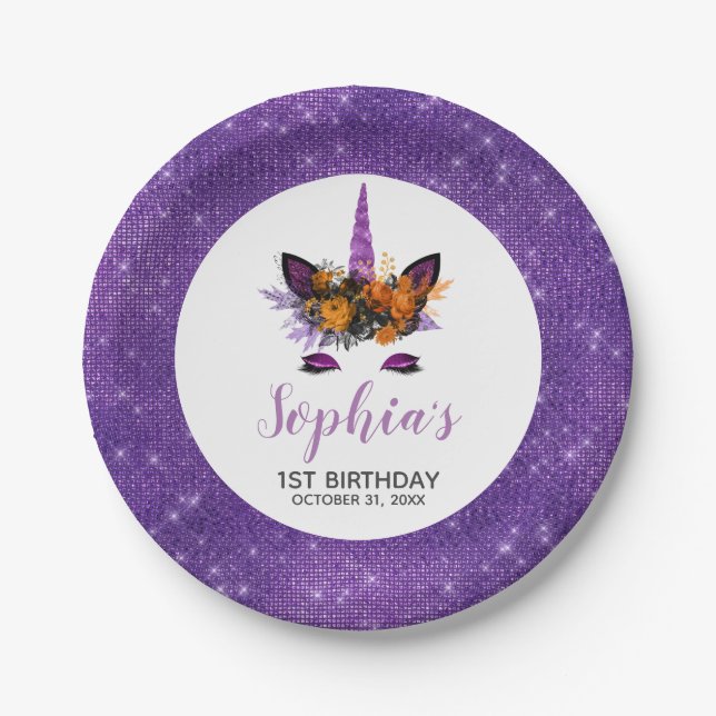 Halloween Unicorn Purple Glitter Birthday Party Paper Plates (Front)