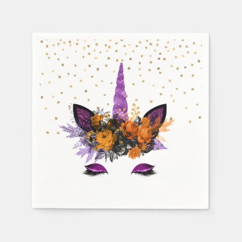 Halloween Unicorn Purple Glitter Party Napkins