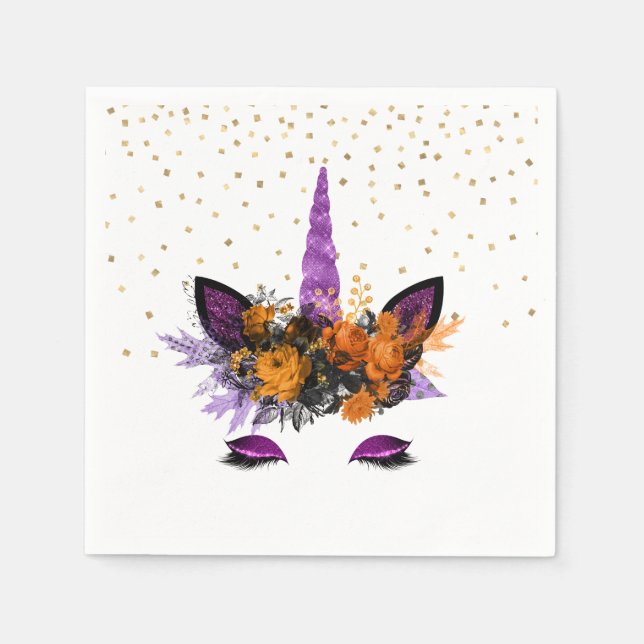 Halloween Unicorn Purple Glitter Party Napkins (Front)