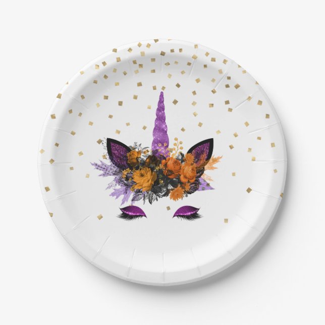Halloween Unicorn Purple Glitter Party Paper Plates (Front)