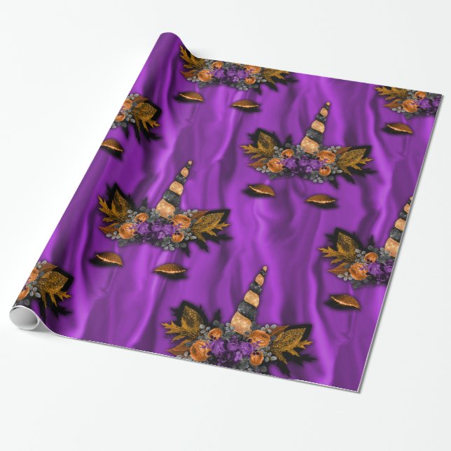 Halloween Unicorns on Purple Silk Wrapping Paper (Unrolled)