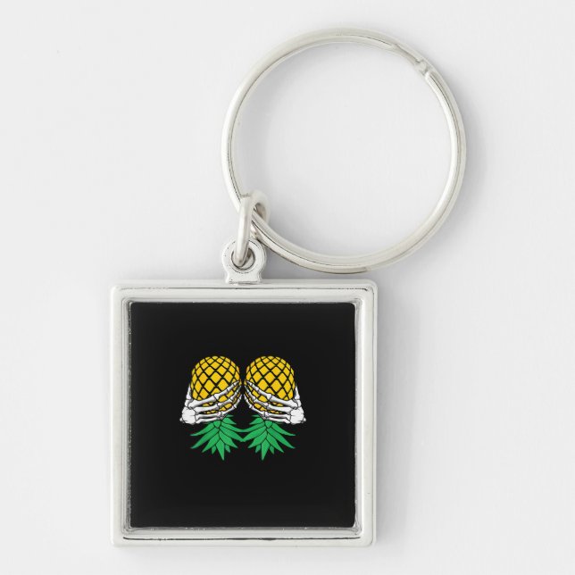Halloween Upside Down Pineapple Swinger Skeleton Keychain (Front)