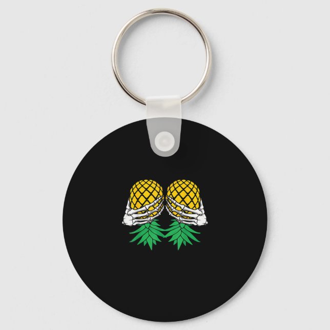 Halloween Upside Down Pineapple Swinger Skeleton Keychain (Front)