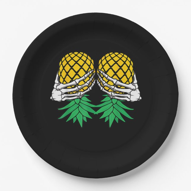 Halloween Upside Down Pineapple Swinger Skeleton Paper Plates (Front)