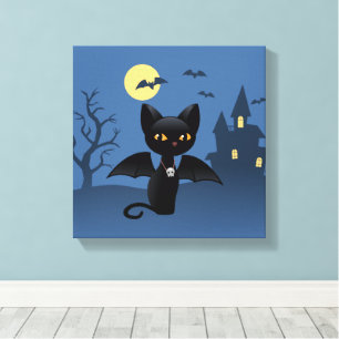 Halloween Vampire Black Cat with Wings Canvas Print