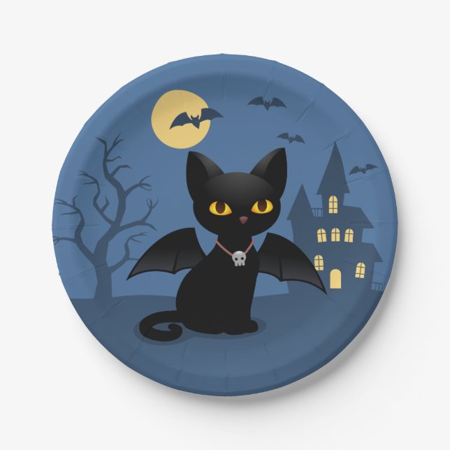 Halloween Vampire Black Cat with Wings Paper Plate (Front)