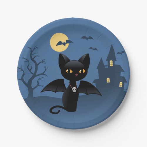 Halloween Vampire Black Cat with Wings Paper Plates