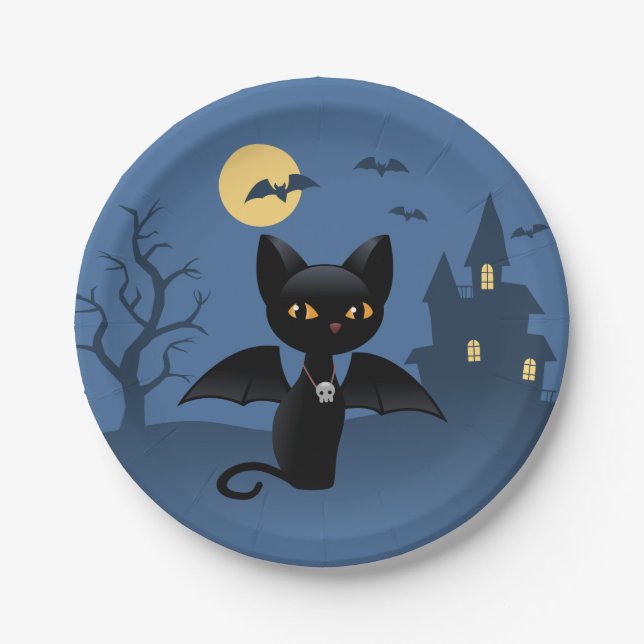 Halloween Vampire Black Cat with Wings Paper Plates (Front)