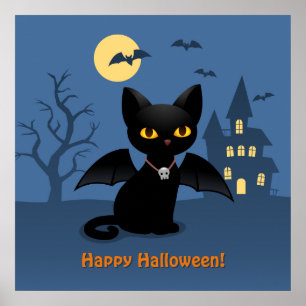 Halloween Vampire Black Cat with Wings Poster