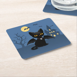 Halloween Vampire Black Cat with Wings Square Paper Coaster
