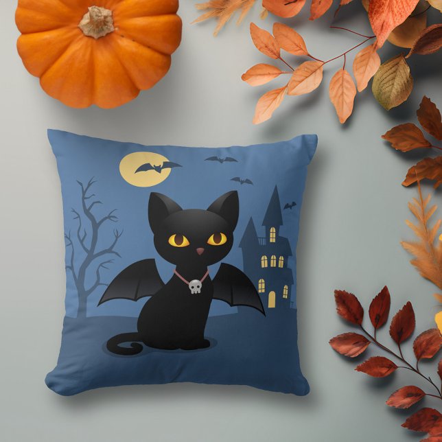 Halloween Vampire Black Cat with Wings Throw Pillow (Creator Uploaded)