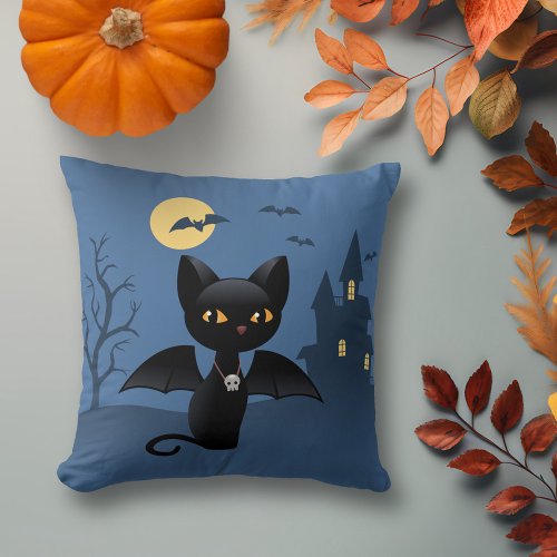 Halloween Vampire Black Cat with Wings Throw Pillow