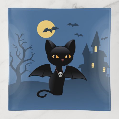 Halloween Vampire Black Cat with Wings Trinket Tray