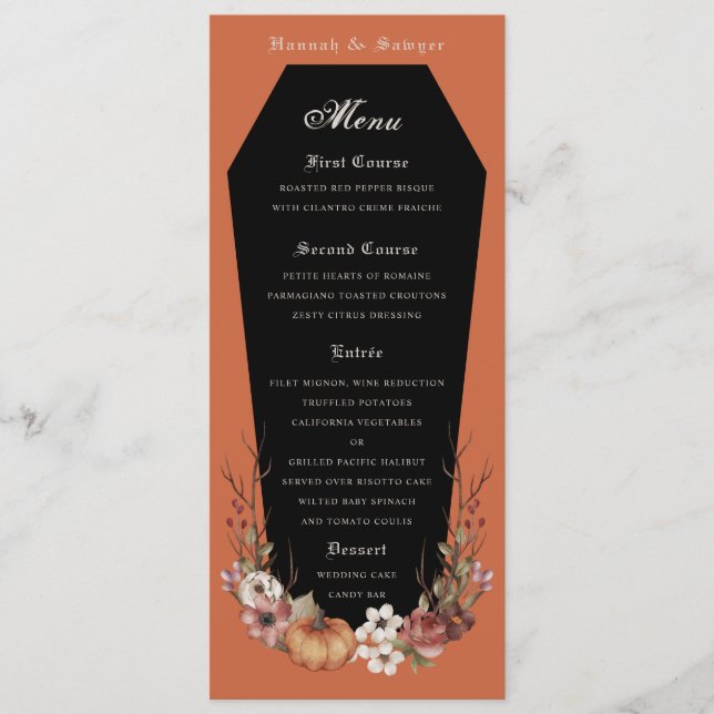 Halloween Vampire Coffin Wedding Party Terracotta Menu (Front)