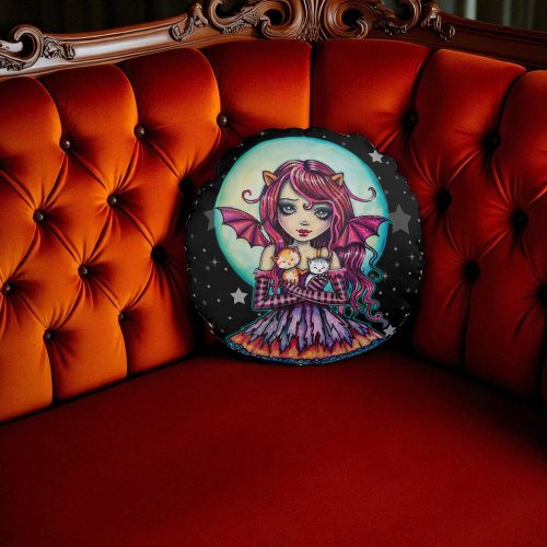 Halloween Vampire Fairy with Two Cats Round Pillow