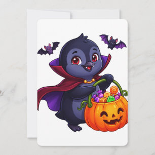 Halloween Vampire Penguin with Candy Pumpkin Invitation