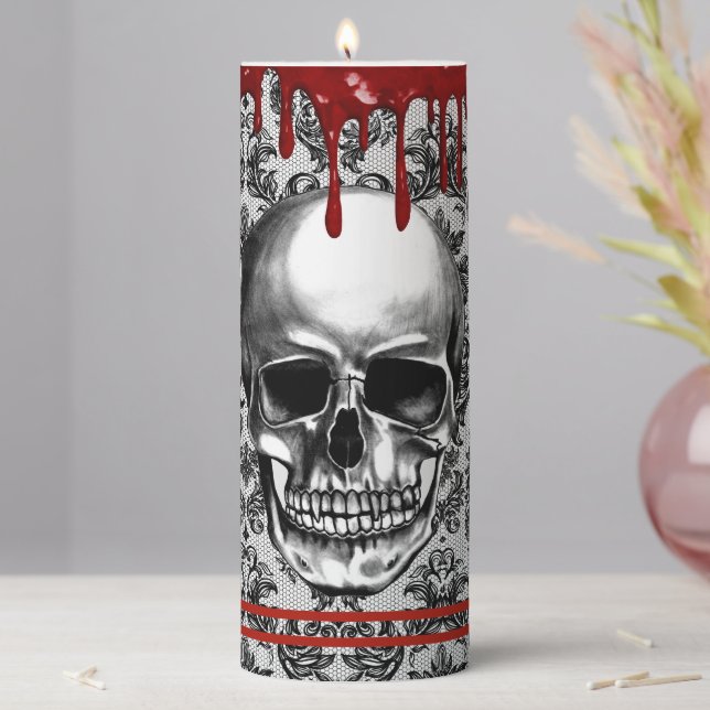 Halloween Vampire Skull Gothic Black Lace Blood Pillar Candle (In Situ)
