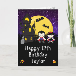 Halloween Vampires Purple Happy Birthday Card