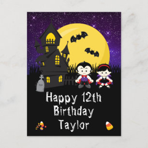 Halloween Vampires Purple Happy Birthday Postcard