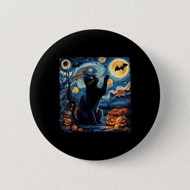 Halloween Van Gogh' Starry Night Black Cat Pumpkin Button (Front)