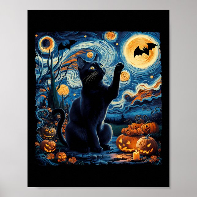 Halloween Van Gogh' Starry Night Black Cat Pumpkin Poster (Front)