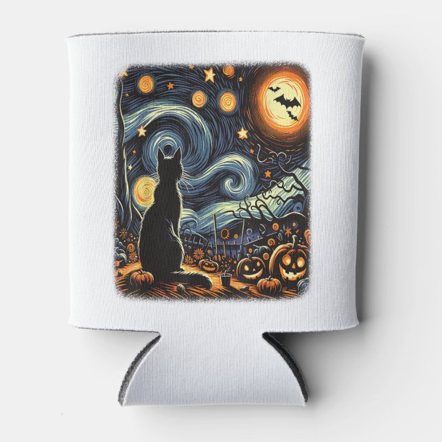 Halloween Van Gogh Starry Night Black Cat Pumpkins Can Cooler (Front)