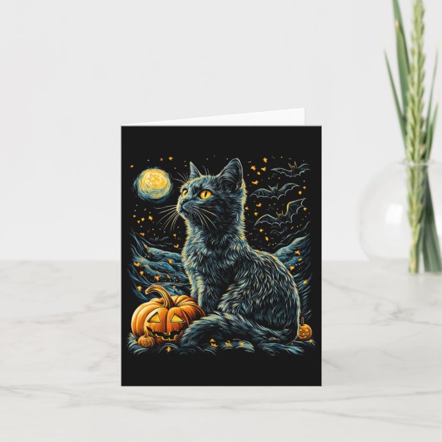 Halloween Van Gogh Starry Night Black Cat Pumpkins Card (Front)
