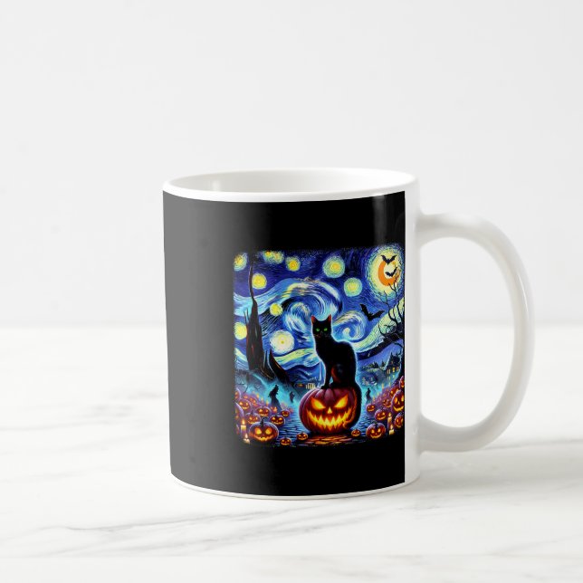 Halloween Van Gogh Starry Night Black Cat Pumpkins Coffee Mug (Right)
